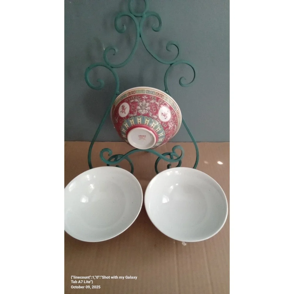 Vintage Chinese Porcelain Rice‎ Bowls Set of 3 Red Floral Asian Decor